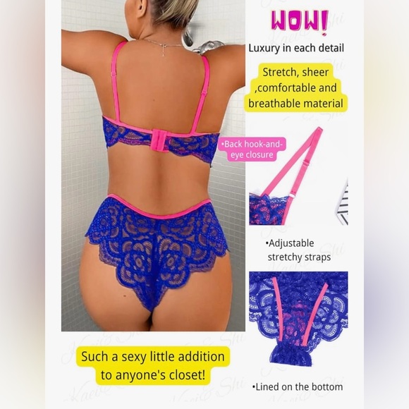 Neon Lace Lingerie Set Blue & Pink Underwire Bra + Thong 2-Piece - Picture 3 of 6